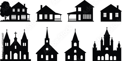 Schilderij op canvas House and church silhouettes set featuring residential homes and religious build