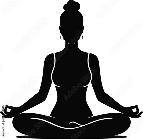 Woman meditating in lotus yoga pose silhouette isolated on white background, mindfulness practice illustration, meditation concept, relaxation, wellness, 
