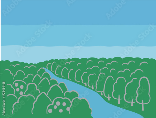 森と川と空のシンプルな風景イラスト