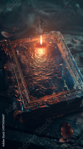 Ancient book rests on dark, mossy surface. Candle flame flickers atop its worn, gilded cover. Smoke curls upward from the flame's warmth. Dusty pages hint at forgotten secrets