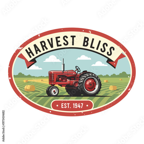 Classic red tractor in a rural field, vintage harvest illustration, agricultural farm scene