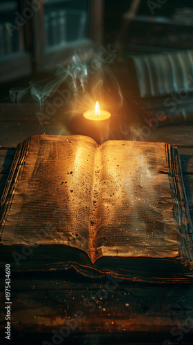 Candlelight glows warmly over ancient, worn book pages. Smoke curls above the flame, casting gentle shadows. The scene feels sacred, quiet, and timeless. Dark surroundings emphasize the book's age