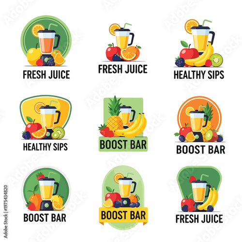 Assortment of vibrant vector logo designs for fresh juice and healthy smoothie businesses.