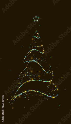 Christmas Trees. Spiral Light. Garland Black Background. Swirls Yellow, Blue Stars. Magic Shimmering Particles. Glowing Holiday Decor. Merry Christmas and Happy New Year Vector Background.