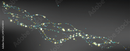 Cyan, Gold, Blue Stars Confetti. Shimmering Shiny particles. Scattered little sparkling, glitter light points. Stellar falling on black background. New Year Christmas background. Vector illustration.