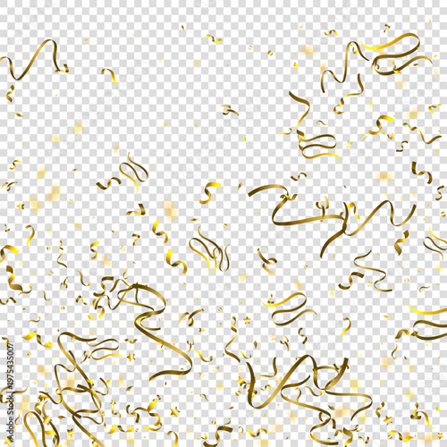 Holiday Serpentine. Gold Foil Streamers Ribbons. Confetti Star Falling on Transparent Background. Party, Birthday Vector Template. Sparkle Serpentine. Celebration Elements. Bright Gold Festive Tinsel.