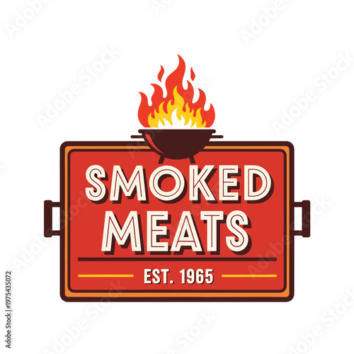 Vintage Smoked Meats Barbecue Grill Emblem with Flames Logo Illustration