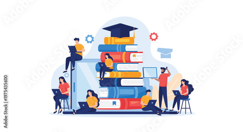 Diverse group of students and professionals studying around a large stack of books for education and career growth.