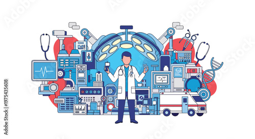 Professional doctor standing in center of advanced medical facility surrounded by various diagnostic tools and gear.