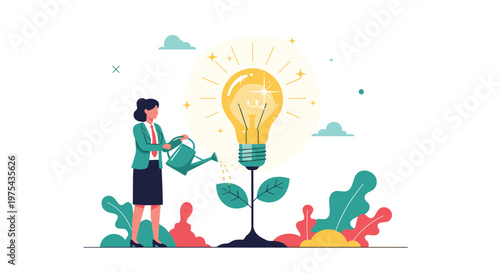 Businesswoman watering a growing lightbulb plant to represent nurturing new ideas and innovative business growth.