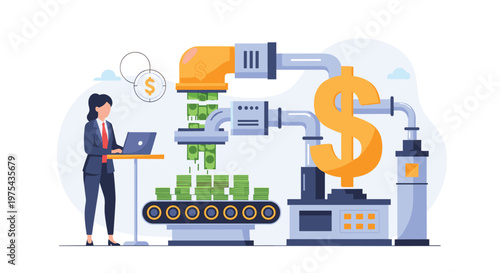 Businesswoman operates a complex digital machine that converts large currency symbols into stacks of cash on a moving conveyor belt.