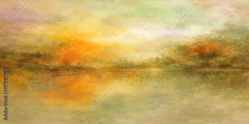 Abstract serene landscape features a gentle lake, reflecting the ethereal colors of a watercolor-style sky with a soft focus. Evoking a sense of tranquility and the beauty of nature's artistry.