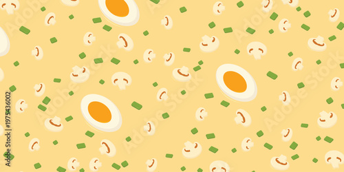 Background pattern of creamy mushroom soup. Mushrooms and sliced ​​boiled eggs