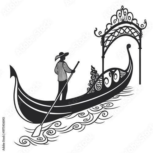 Vintage gondola, black and white illustration, Venetian boat, gondolier