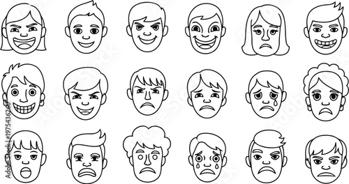 Vector outline drawings of young people faces with diverse moods