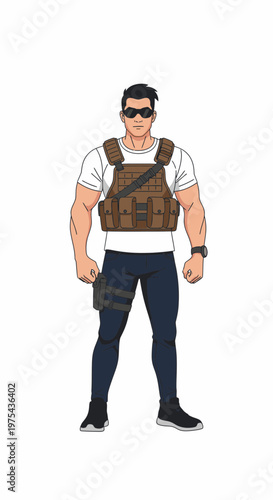 Strong man wearing tactical vest and sunglasses standing confidently  