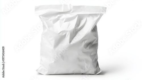 Studio mockup of a 25 kg white plastic sack with folded corners, slightly wrinkled surface texture, isolated on white with realistic shadows