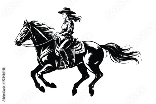 Black and white of a cowboy riding a galloping horse