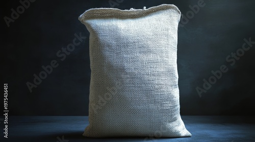 Agricultural product packaging concept showing a white woven sack standing upright, slight bulge at base to imply filled weight, high contrast lighting