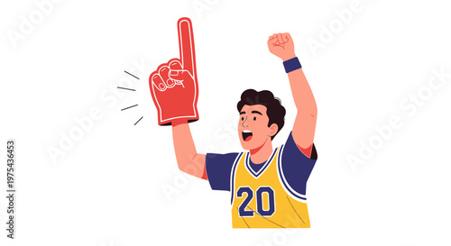 Excited young basketball fan wearing a jersey and holding a red foam finger. EPS Editable. Vector Illustrations.