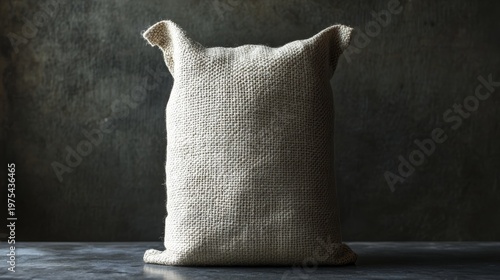 Agricultural product packaging concept showing a white woven sack standing upright, slight bulge at base to imply filled weight, high contrast lighting