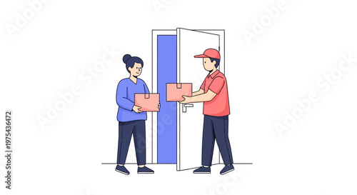 Delivery person handing over a package to a customer at the door. EPS Editable. Vector Illustrations.
