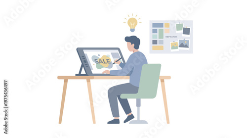 Digital artist working on a graphic tablet with creative ideas. EPS Editable. Vector Illustrations.