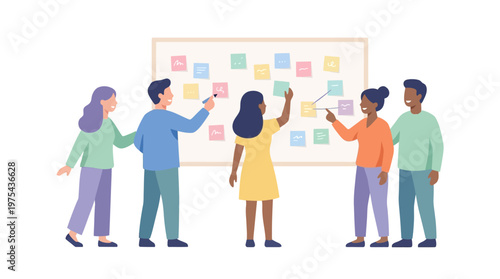 Diverse Business Team Collaborating on Strategy Board with Sticky Notes. EPS Editable. Vector Illustrations.