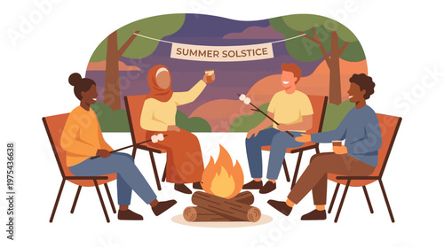 Diverse friends celebrating summer solstice around a campfire. EPS Editable. Vector Illustrations.