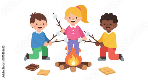 Diverse group of happy children roasting marshmallows over a campfire. EPS Editable. Vector Illustrations.