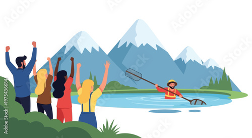 Diverse group of people cheering for a fisherman catching fish in a lake. EPS Editable. Vector Illustrations.