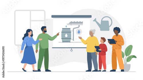 Diverse group of people collaborating on a water conservation project presentation. EPS Editable. Vector Illustrations.