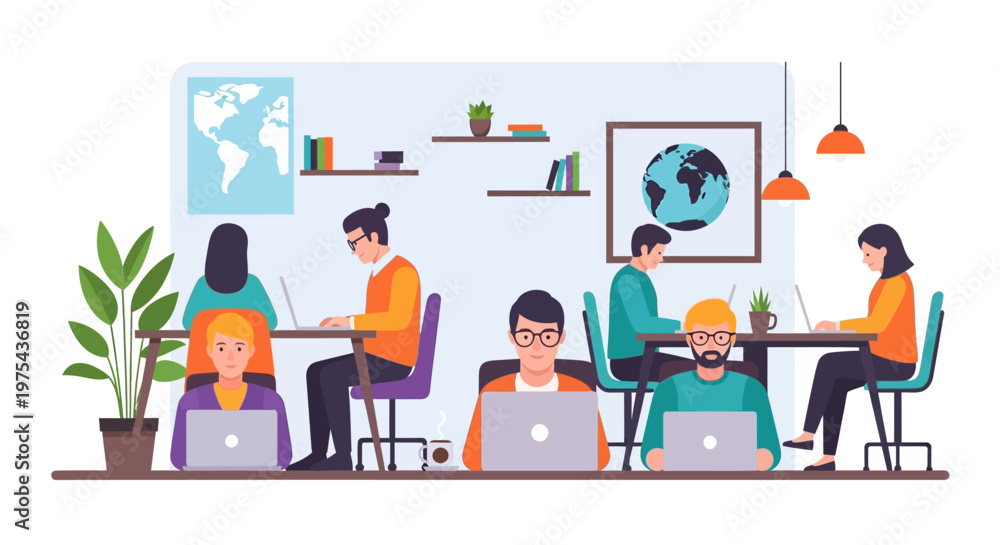 Fototapeta premium Diverse group of young people working together on laptops in a modern office environment. EPS Editable. Vector Illustrations.