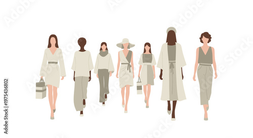 Diverse group of women walking on a fashion runway wearing beige and neutral outfits. EPS Editable. Vector Illustrations.
