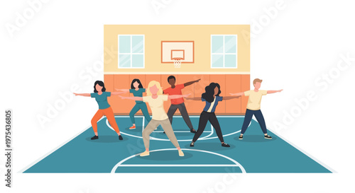 Diverse group of young people performing physical exercises together in a gym. EPS Editable. Vector Illustrations.