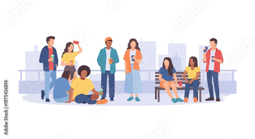Diverse group of young people socializing and using smartphones in an outdoor setting. EPS Editable. Vector Illustrations.