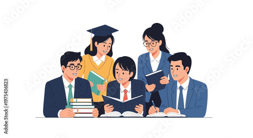 Diverse group of young students and professionals studying together with books. EPS Editable. Vector Illustrations.