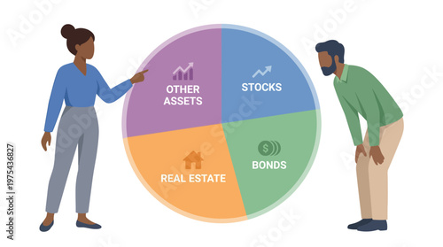 Diverse Professional Team Analyzing Investment Portfolio Pie Chart. EPS Editable. Vector Illustrations.
