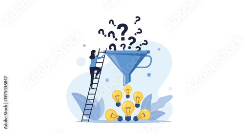 Woman stands on a ladder and pours question marks into a funnel to generate bright light bulb ideas for creative problem solving.