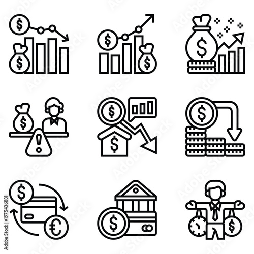 Financial Icons Set Showcasing Growth, Loss, and Transactional Concepts