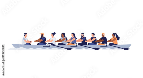 Diverse rowing team paddling together in a racing boat. EPS Editable. Vector Illustrations.