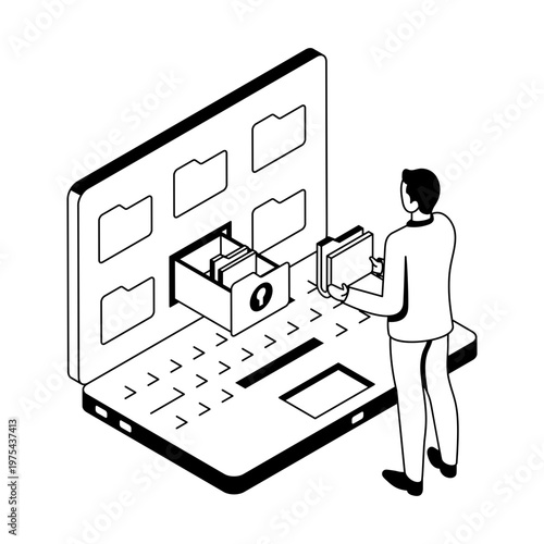 An isometric style icon showing an online data
