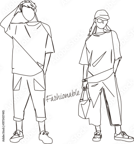 ファッションイメージのスタイリッシュな手描き線画イラスト