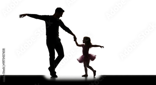 Silhouette of a man and little girl dancing together isolated on white background