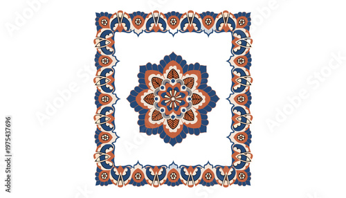 Ornate Floral Mandala and Decorative Border Frame in Traditional Folk Art Style.eps