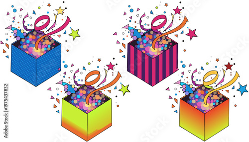 Set of Vibrant Birthday Gift Boxes with Splashes and Festive Celebration Elements.eps