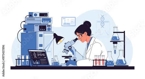 Female scientist in a white coat looks into a microscope while working in a high tech laboratory filled with advanced equipment.