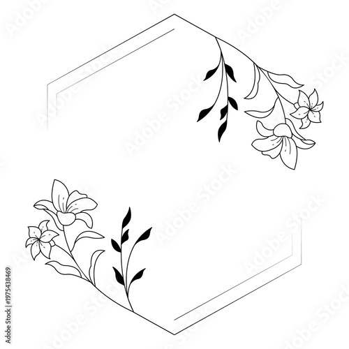 Floral polygon hand drawn style. Floral black and white frames of twigs, leaves and flowers. Frames for Valentine’s Day, wedding decor, logo and identity template.