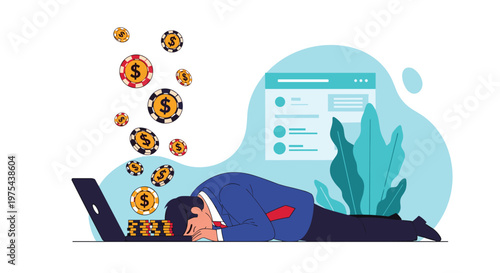 Exhausted businessman lies on the floor while many gambling chips fall from his laptop screen representing online betting addiction.