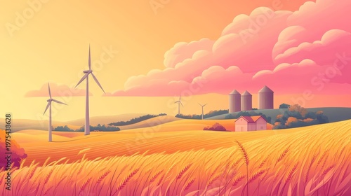 Garish vector farmland scene showing exaggerated colors of wind turbines, grain silos, and wheat crops waving under surreal pink clouds